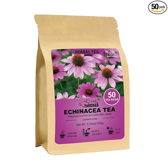 FullChea - Echinacea Tea Bags, 50 Count, 2g/bag - Premium Echinacea Purpurea Herb - Non-GMO - Caffeine-free - Aid Digestion & Boost Immunity