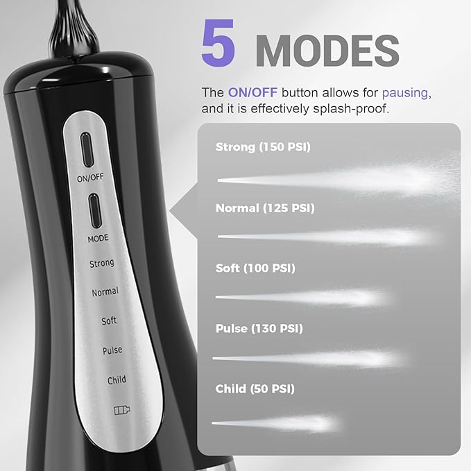 2026 Upgrade Portable Cordless Water Flosser, 350ML Tank & Travel Storage Bag, 5 Modes IPX7 Waterproof for Home & Travel, USB Rechargeable Electric Dental Flosser for Teeth Cleaning (Black)