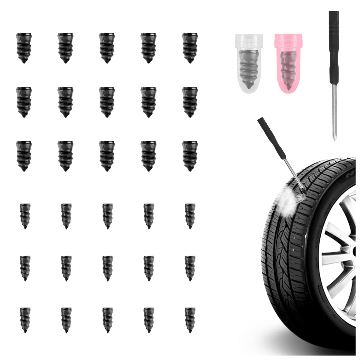 YGDMD 30PCS Tire Plug Kit,Self-Service Flat Tire Repair Kit Including Screwdriver,Upgraded Thickened Adhesive-Covered Tires Repa