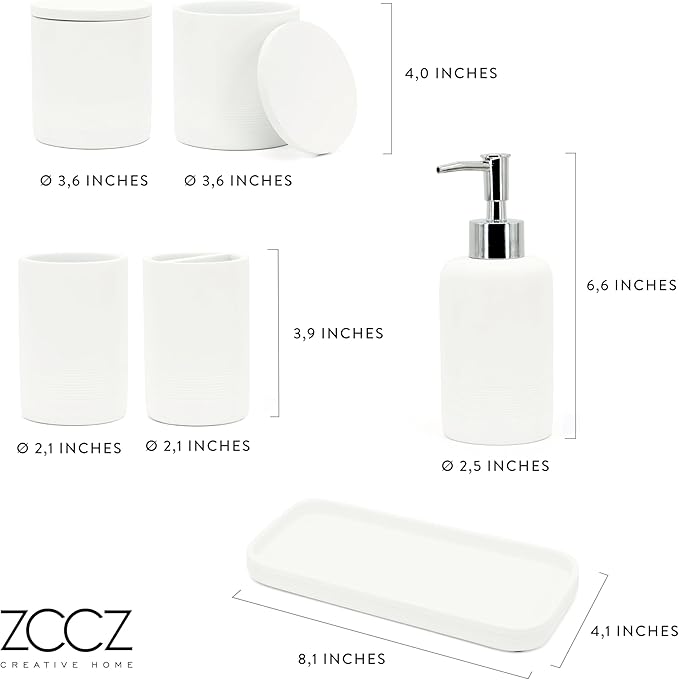 ZCCZ White Bathroom Accessories Set 6 Pieces - Toothbrush Holder, Lotion Dispenser, Qtip Container, Vanity Tray, Tumbler - Countertop Organizer for Bathrooms - Elegant and Functional Décor Set