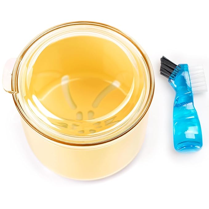 Denture Case, Leak Proof Denture Bath Cup, Full & Partial Denture Clean Holder Box with Strainer, Denture Brush, Denture Soaking Container Cups for Dentures, Retainers, Mouth Guard Storage Case-Yellow