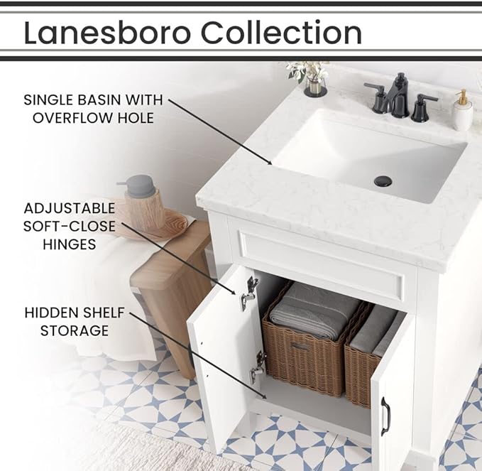 Hanover Lanesboro 24'' Vanity Cabinet with Sink Combo for Bathroom, Powder Room | Pre-Assembled Cabinet | 2 Doors | Accent Mirror | Artificial Stone Countertop, White Cabinet | HANVN0105-24-0WH