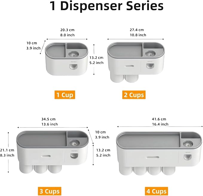 No-Drill Wall Mounted Toothbrush Holder, Bathroom Shelf, with Automatic Toothpaste Dispensers 4 Brush Hooks 3 Magnetic Cups 1 Cosmetic Drawer Organizer and Large Storage (1 Dispenser 3 Cups)