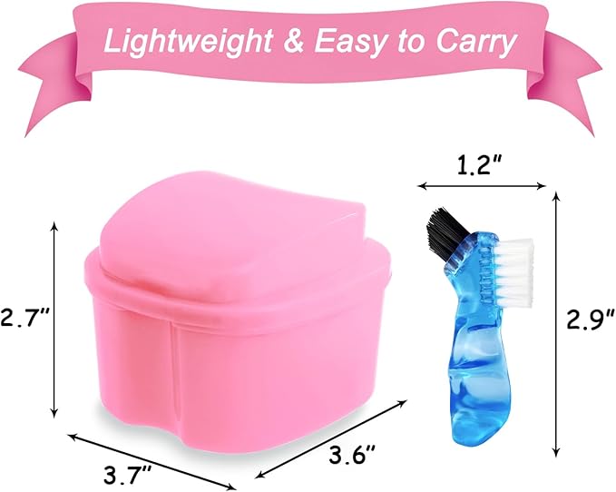Keedolla Denture Cleaning Case Orthodontic Dental Retainer Container,Denture Holder Case Retainer Soaking Cups for Travel, Camping, Office - Pink