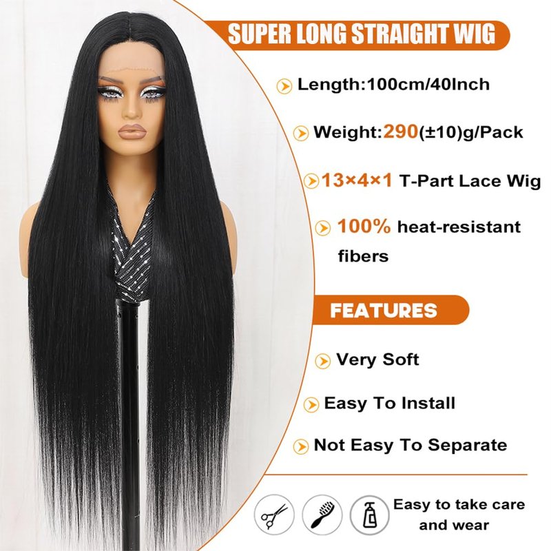 Felek Super Long Straight T Part Lace Wigs 40 Inch Long Hair 13x4x1 T Lace Front Wigs Heat Resistant Fiber Glueless Pre-Plucked Natural Hairline Lace Wig For Fashion Women/Girls (#1B