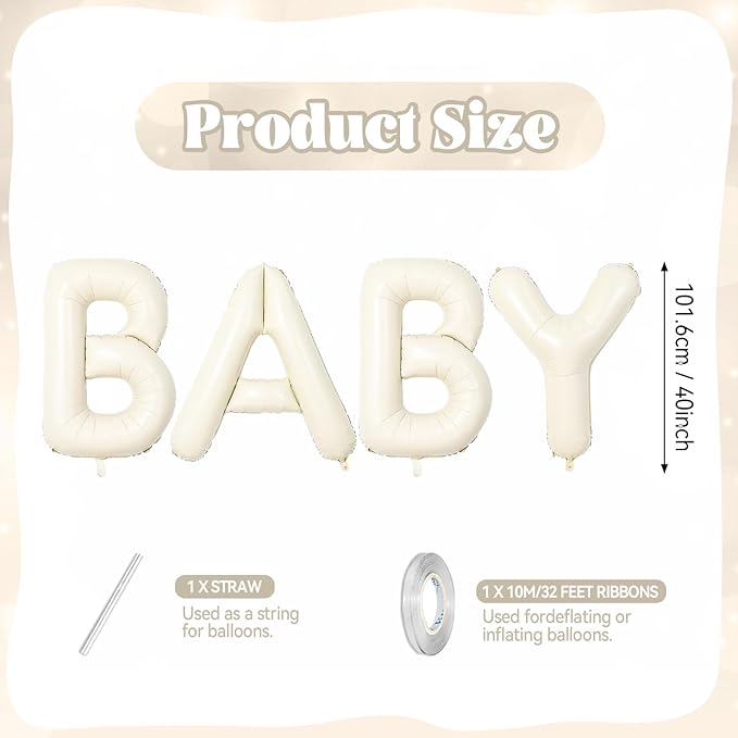 Biapian 40 Inch Baby Letter Balloons, Cream Foil Balloons Big BABY Balloons, 4 Pcs Giant Foil Large Aluminum Balloon Helium for Birthday, Baby Shower, Wedding, Gender Reveal Party Decorations (Cream)
