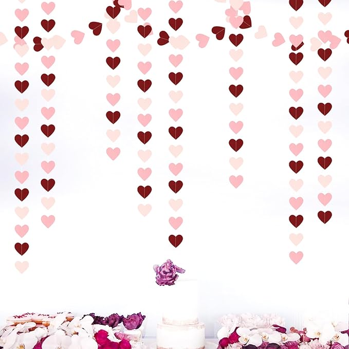 Pink Burgundy Party-Decorations Heart Garland - 62FT Wedding Hanging Streamer Banner,Valentines Birthday Baby Bachelorette Engagement Mothers Day Bridal Shower Backdrop Decor Hugtmr