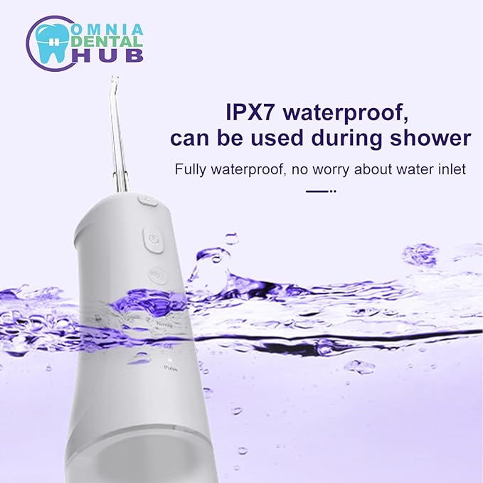 1 PC Water Dental Flosser Cordless for Teeth Cleaning by Omnia ONE | 3 Modes Oral Irrigator with 2 Jet Tips 300ML Braces Flossers Cleaner | Portable IPX7 Waterproof for Home Travel