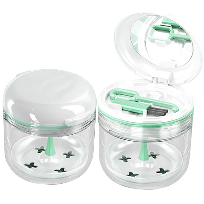 Denture Bath Cup，Retainer Cleaner Case Box,Night Mouth Guard Case Holder,Storage Soak Container with Drain Tray for Travel Cleaning with Mirror and Brush