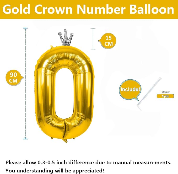 Gold Number 0 Balloon with Crown, 40 inch Gold Number Balloon 0th Birthday Party Decoration Gold Crown Balloons 0-9 for Birthday Party Anniversary Decorations Supplies