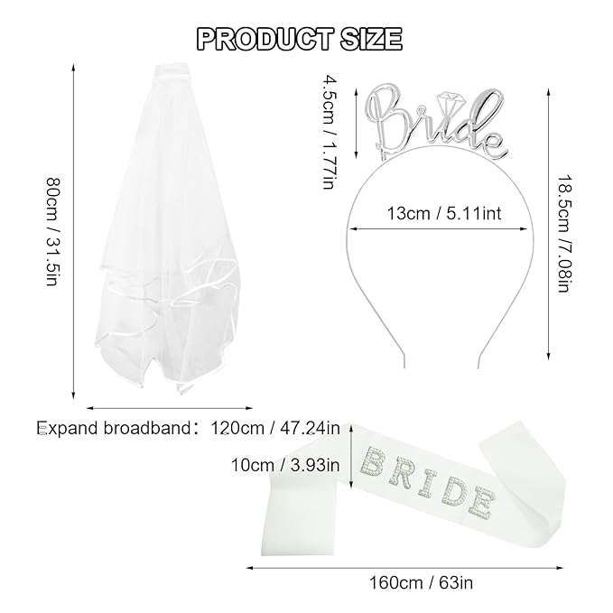 3Pcs Wedding Party Decorations, Wedding Veils for Brides Bachelorette Party Decorations Accessories Supplies, Exquisite Headdress Supplies Suitable for Engagement