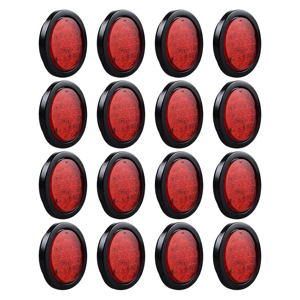(16X) 4 Inch Round 24-LED RED Running Brake Stop Tail Lights w/Grommet Wiring Plug For Car Truck Trailer RV DC 12V