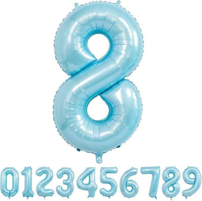 40 Inch light blue Number Balloons, Helium Mylar Foil Number Balloons for Birthdays, Number 8 Balloon for Party Decorations, Birthday Decorations, Wedding Decorations, Boy Baby Shower Decorations