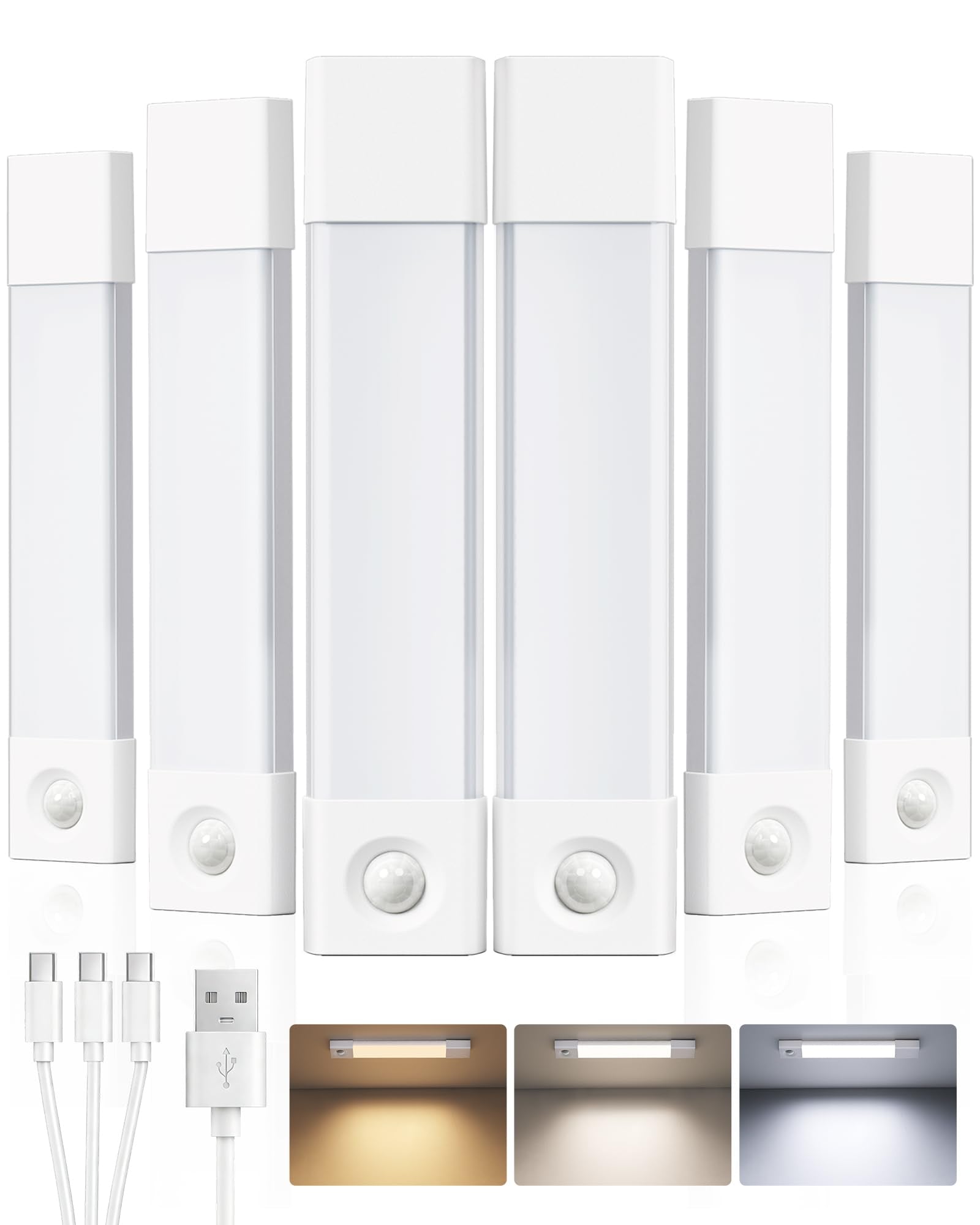 EZVALO 7.8" Rechargeable Motion Sensor Light Indoor, 6-Pack Under Cabinet Lighting, Wireless Closet Lights, 30 LED, Dimmable, 3 Color Temperatures, Step Lights for Kitchen, Pantry, Bedroom, Wardrobe