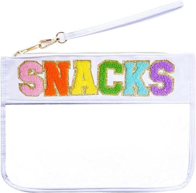 Chenille Letter Bag, Multi-purpose Nylon Clear Makeup Cosmetic Bags Flat Pouches with Zipper for Travel, Gym, Beach (White-Snacks)