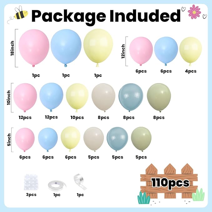 FunHot Blue Pink Yellow Balloon Arch Kit, Pastel Balloon Garland with Baby Pink Light Fog Blue Yellow Sage Green Ivory White Balloons for Baby Shower Gender Reveal Wedding Birthday Party Decorations