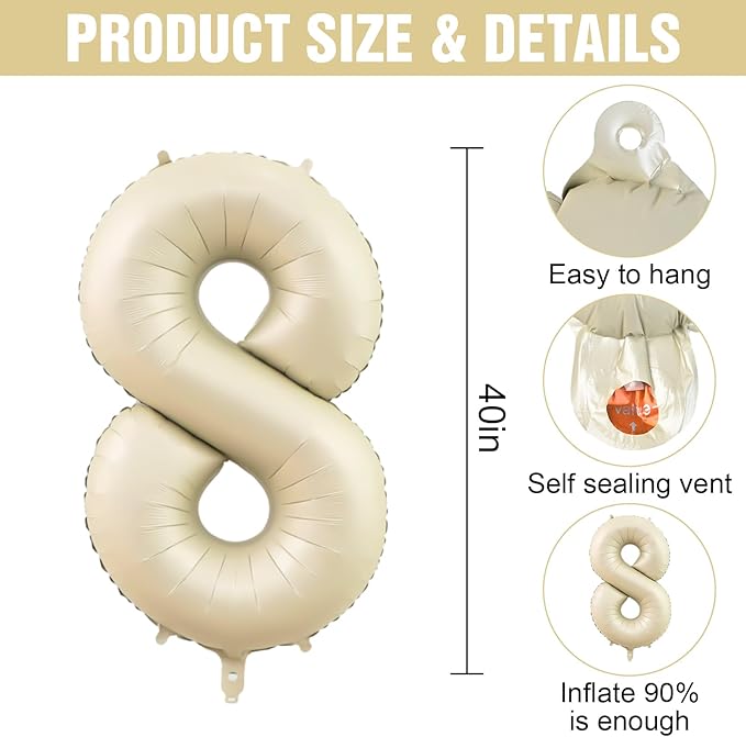 Number 8 Balloon Beige,40 Inch Large Cream Foil 8 Helium Balloons for Boys Girls Birthday Anniversary Decorations