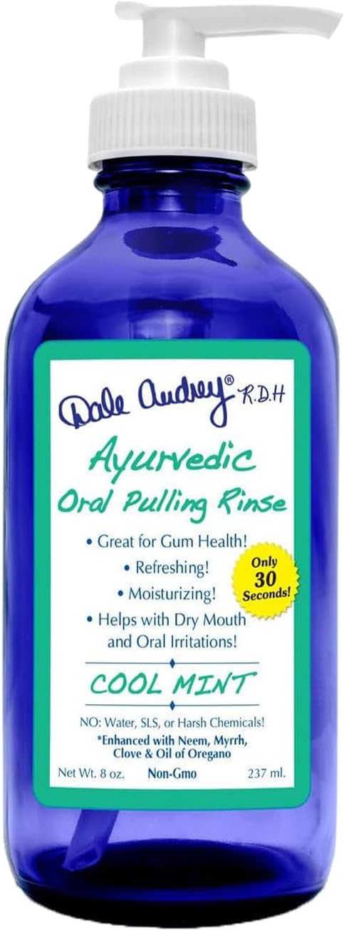 Ayurvedic Oil Pulling for Teeth and Gums | Organic Mint Flavored Oral Rinse Mouthwash | Natural Essential Oils | Cobalt Glass Bottle Pump for Teeth Whitening and Fresh Breath-8 FL Oz