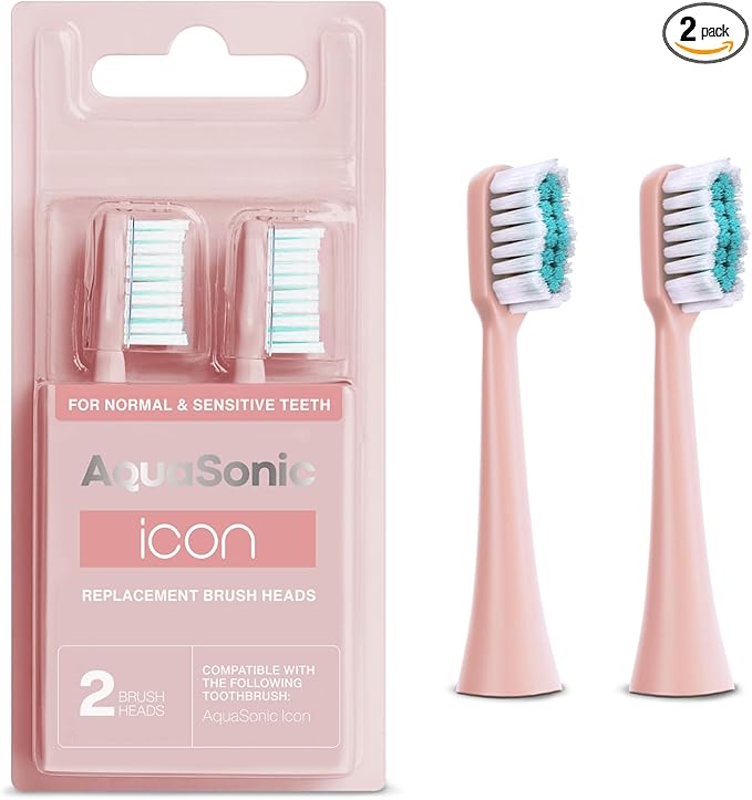 AquaSonic Genuine Icon Replacement Brush Heads | Compatible with AquaSonic Icon Toothbrush | 2 Brush Heads | for Normal & Sensitive Teeth (Blush)