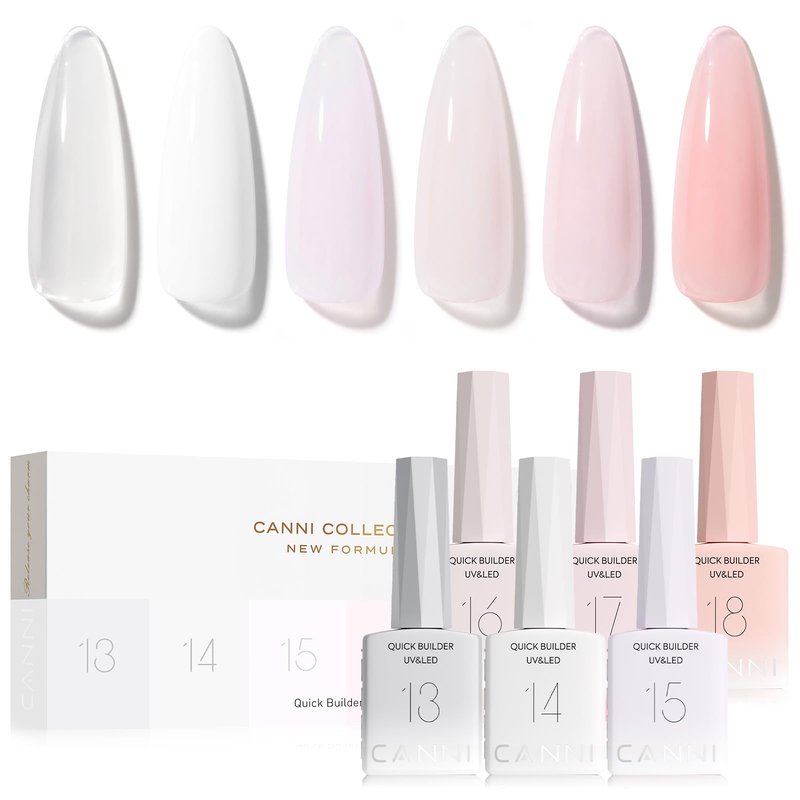 CANNI Quick Builder Nail Gel For Nails Set – 6 Colors 9ML Clear White Pink, Soak Off UV LED Nail Extensions & Strengthening, Self-Leveling Builder Gel for DIY Manicure & Salon Use Women