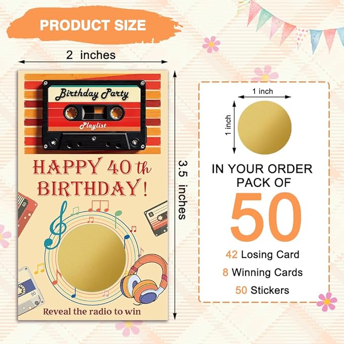 Haizct 50Pcs Happy 40Th Birthday Scratch Cards, Retro Radio Scratch off Game for Music Lover, Back To 1980s Party Supplies, Lottery Prize Raffle Ticket Group Game for Retirement Celebration Party