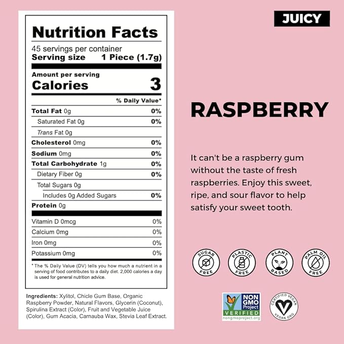 Refresh Gum Raspberry – Xylitol, Sugar Free Chewing Gum Pouch, Natural Flavor & Organic Ingredients – Aspartame Free, Plant-Based, Non-GMO – 45 Pieces