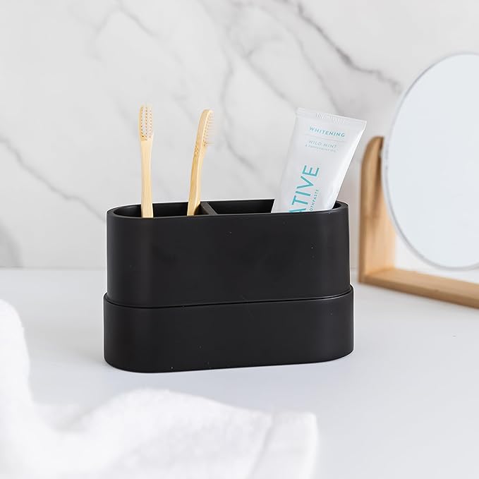 Matte Black Large Toothbrush and Toothpaste Holder and Cup for Bathroom Vanity and Countertop, 2 Compartment Organizer for Electric Toothbrushes, Floss, Razors, Cotton, and Mouthwash - YEW DESIGN