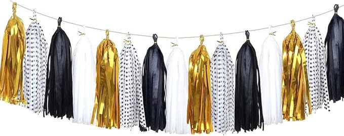 Tissue Paper Tassels Garland Banner Table Decor Party Banner Wedding Birthday Baby Shower Nursery Party Decorations Supplies (20, Gold+White+Black+White with Black dot)