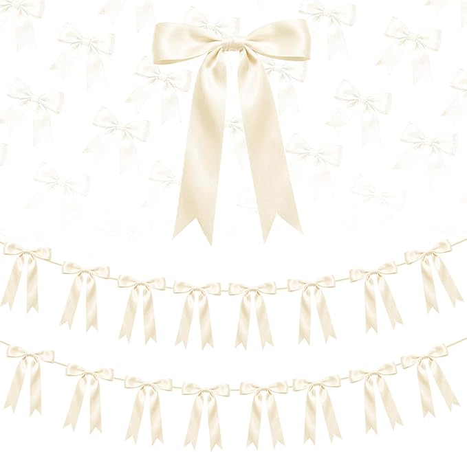 2 Strings Cream Bow Garland Banner Decorations, 16Pcs Pre-Strung Satin Ribbon with 6.7ft Chain for Ivory White Ribbon Bow Coquette Room Birthday Baby Bridal Shower Wedding Bachelorette Party Decor