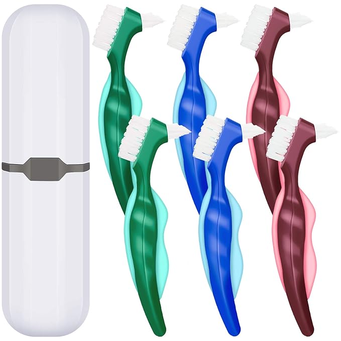 WILLBOND 6 Pieces Denture Brushes Retainer Brush Cleaning Hard Denture Toothbrush with White Carrying Case for False Teeth Cleaning(Red, Green and Blue)