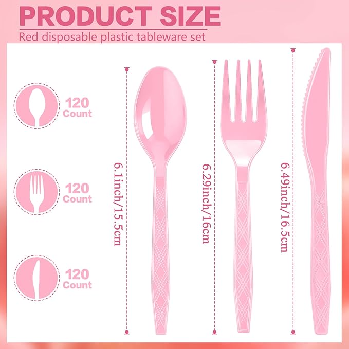 360-Pack Plastic Pink Silverware Set, Disposable Cutlery Set, Plastic Forks and Spoons Knives Utensils Set (120 Each) for Valentine's Day, Baby Shower, Bridal Shower, Princess Party, Easter