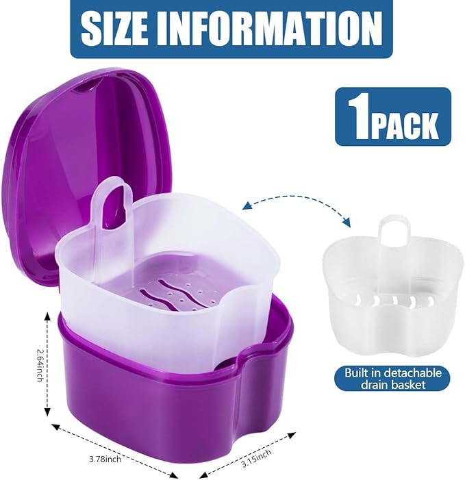 Purple Denture Bath Case Cup Box Holder Storage Soak Container with Strainer Basket for Travel Cleaning