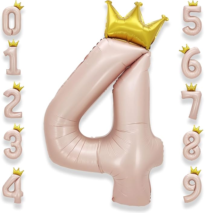 AULE 40 Inch Big Pink 4 Balloon Number with Crown Large Foil Helium Number Balloons 0-9 Jumbo Giant Happy 4th Birthday Party Decorations Huge Mylar Anniversary Party Supplies