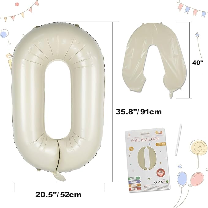 40in Birthday Big Number Balloon - CARGEN Giant Foil Balloons for Women Men Birthday Party Wedding Anniversary Supplies Decorations, Creamy White Zero, No.0
