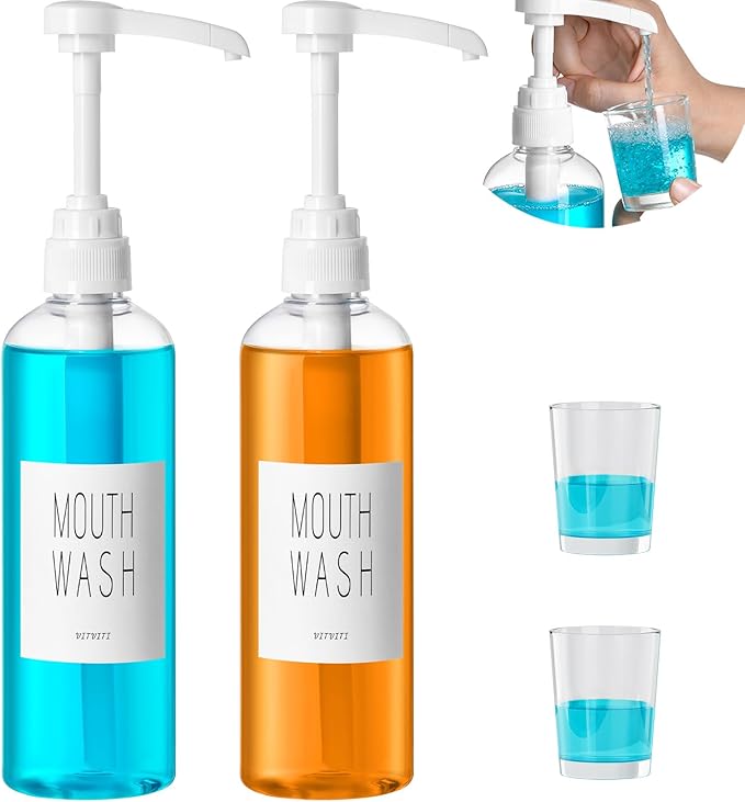 VITVITI Plastic Mouthwash Dispenser for Bathroom, 17 OZ Pump Mouth Wash Container Bottle with Cup, Clear Refillable Mouthwash Dispenser with Labels, Set of 2