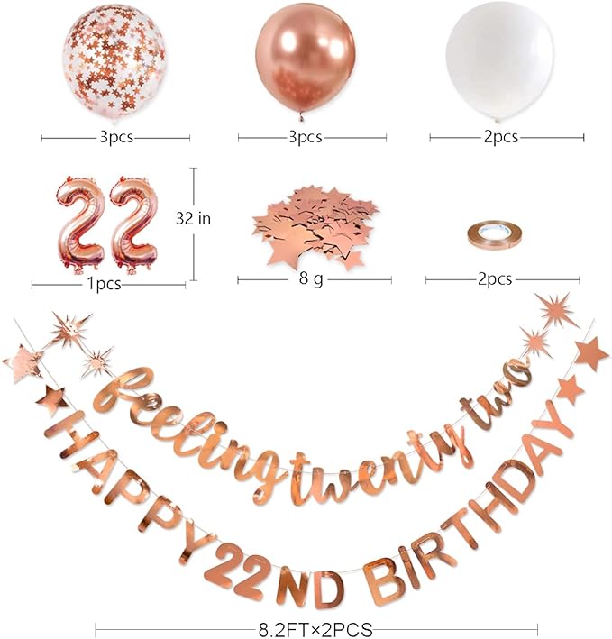 Rose Gold 22nd Birthday Banner, Garland, Foil Balloon, Decorations, Hanging, Cheers to 22 Years Old Party Supplies Backdrop