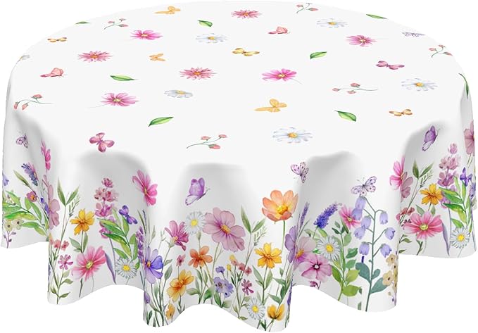 Spring Floral Tablecloth Round 60 Inch Yellow and Pink Wildflower Table Cloth Farmhouse Butterfly Table Cover Holiday Table Covers for Kitchen Dinner Party Home Decor