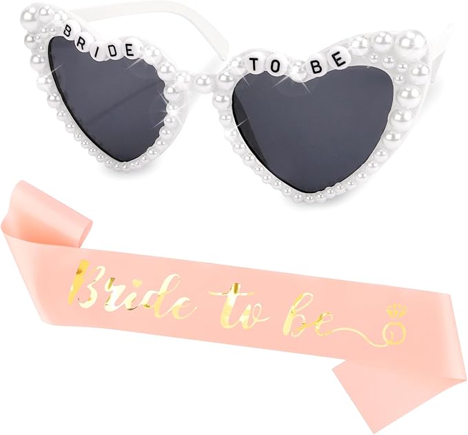Bride to Be Set: Pearl-Trimmed Heart Sunglasses, Pearl BRIDE Sash & Tulle Veil - Bachelorette Party Bridal Accessories