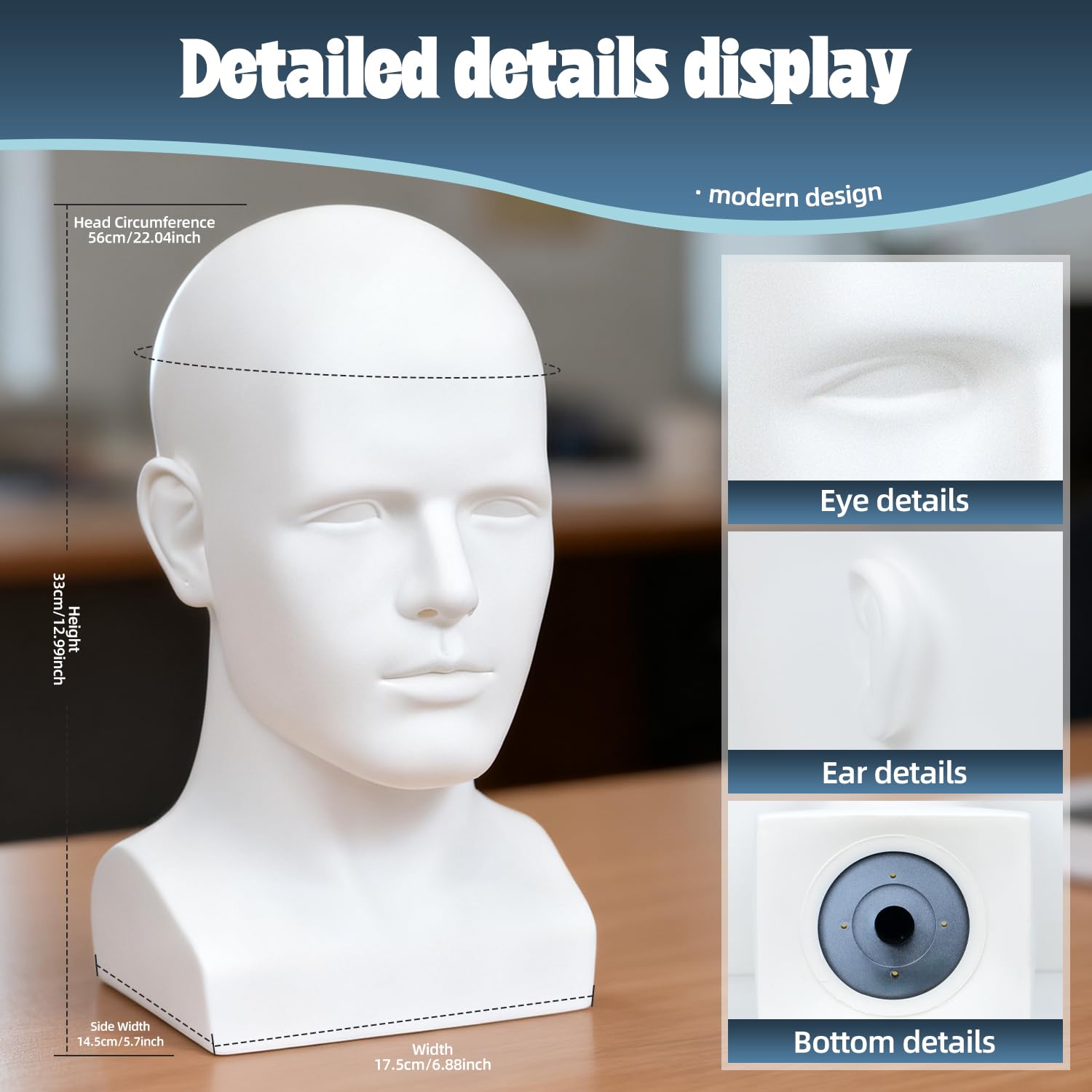 Male Mannequin Head, Metallic Gray Male Mannequin Head with Stand Professional Manikin Head, Bald Training Head for Display Wigs (Gray)