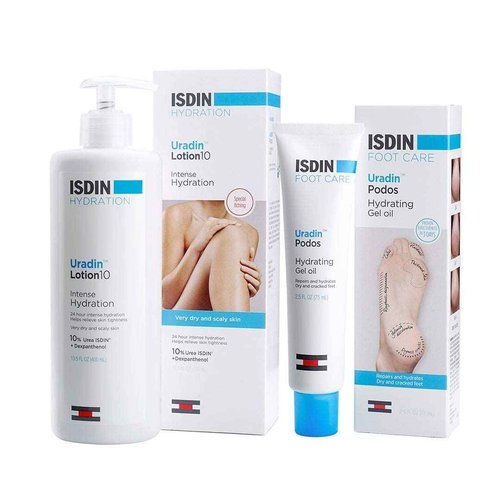 ISDIN Hydrating Bundle for Dry Skin & Hydrating Foot Cream with 10% Urea - Uradin Lotion 10 and Uradin Podos