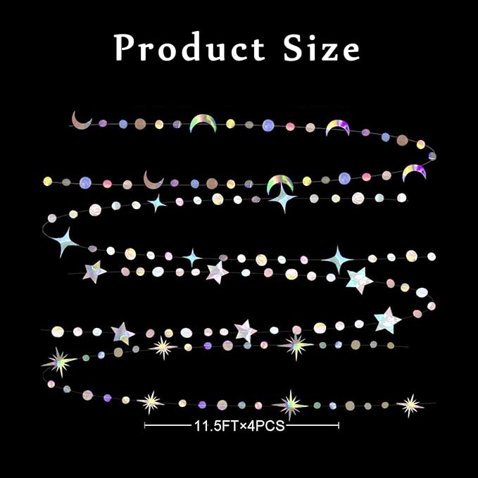52 Feet Star Garland Banner Decorations for Party,Gold Star Hanging Bunting Banner Hanging Glitter Stars Garland Christmas Birthday Decorations (4 Pack Star and Moon Set)
