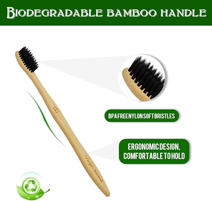 Virgin Forest Bamboo Toothbrushes, Eco Friendly BPA Free Soft Bristles Toothbrush, Biodegradable Natural Wooden Toothbrushes, Vegan Organic Bamboo Charcoal Tooth Brush for Sensitive Gums Set of 10