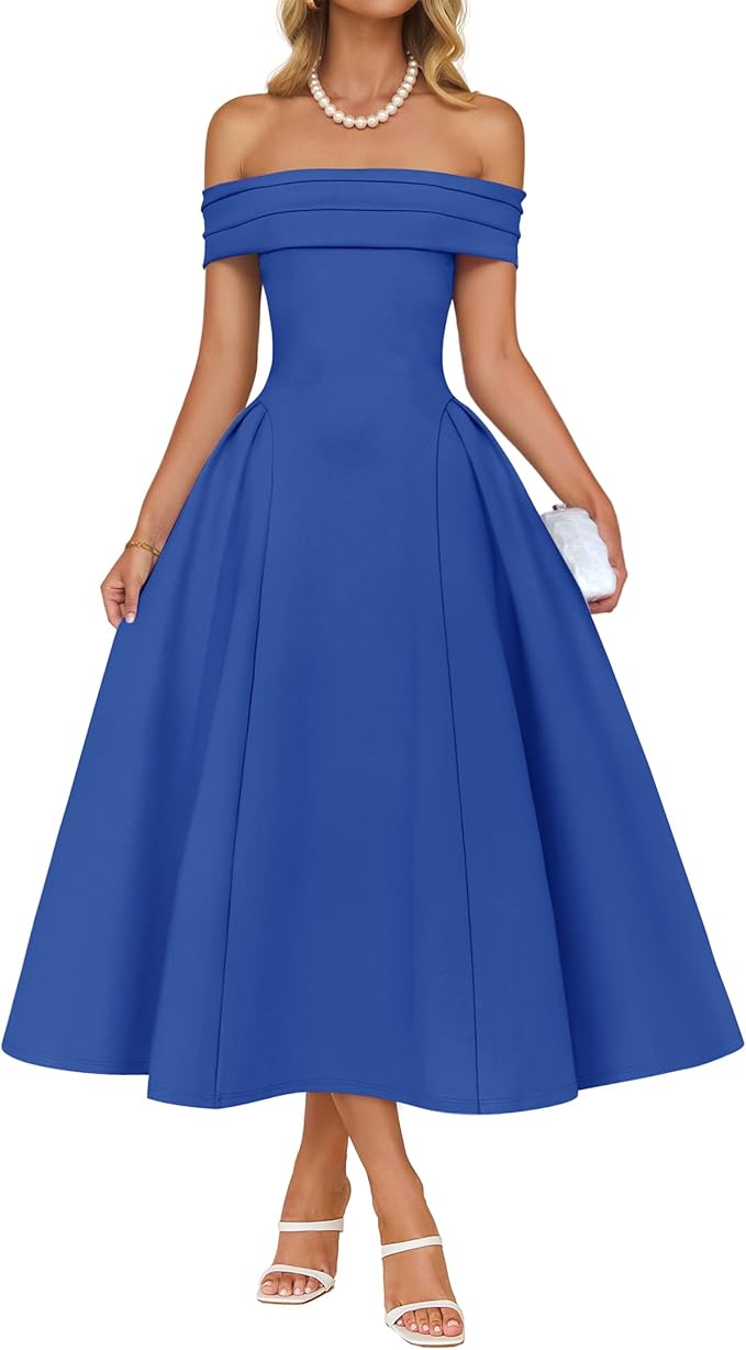 ZESICA Summer 2026 Cocktail Dresses for Women's Off Shoulder Short Sleeve Swing A Line Wedding Evening Party Midi Dress
