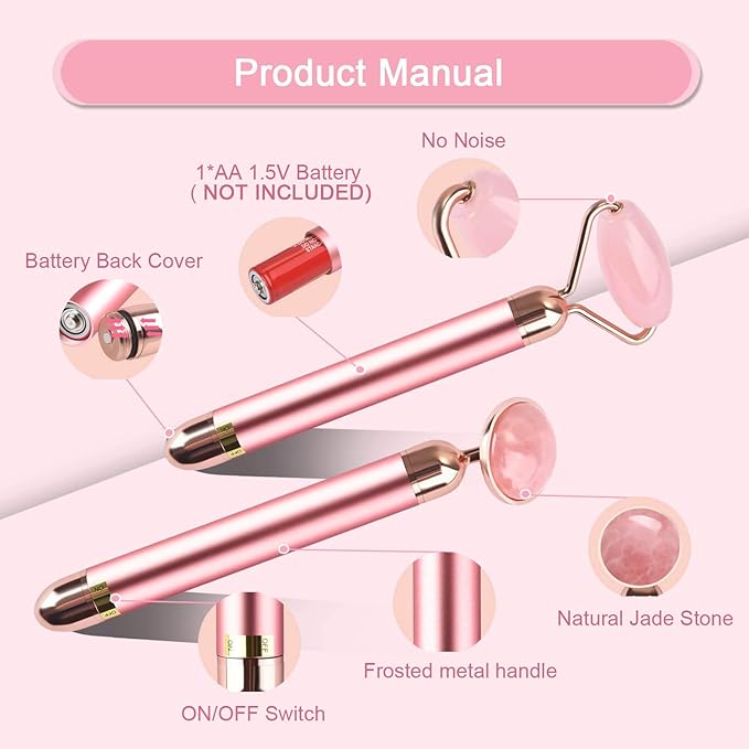 Upgrade 2 in 1 Vibrating Jade Facial Massager Roller, Electric Rose Quartz Eye Face Roller to Press Skin Cream Oil for Anti-Aging Reducing Wrinkles and Glowing Youthful Skin Tone
