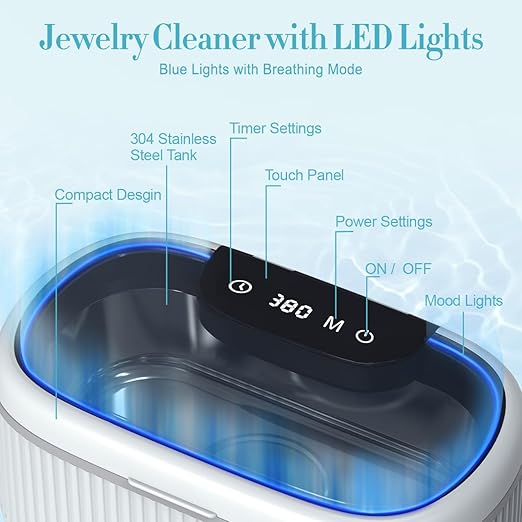 Ultrasonic Jewelry Cleaner with Basket/Holder, Adjustable Power Ultrasonic Cleaner for Retainers, Rings, Eyeglasses, Dentures, Watch Bands - 550ML 20oz w/Lights, 5 Cleaning & Degas Modes