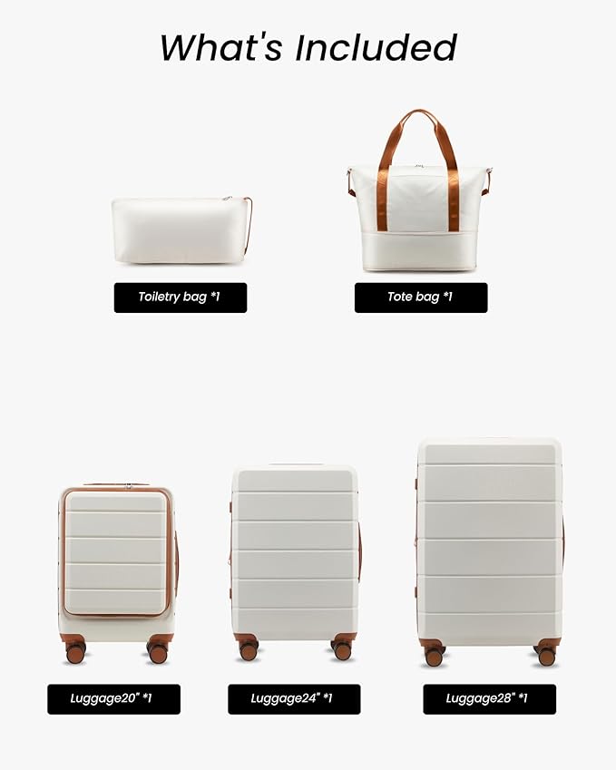 YOETEY 5 Piece Luggage Set Hardside Expandable Suitcase with TSA Lock Spinner Wheels Lightweight Travel Set Includes Tote and Toiletry Bag, (5 Piece Sets, White)