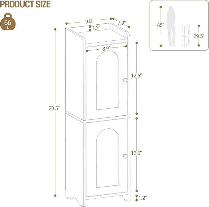 Bathroom Storage Cabinet, Corner Floor Cabinet with 2 Doors and Adjustable Shelf, Narrow Toilet Paper Cabinets, Bathroom Organizer for Small Spaces, 7.9" D x 9.8" W x 29.5" H Yellow