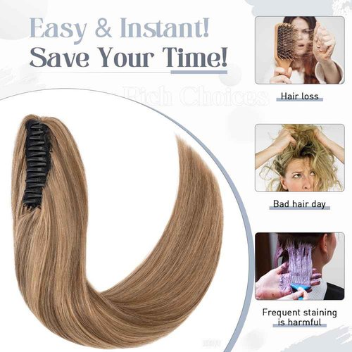 Rich Choices Claw Clip Ponytail Extension Human Hair Real Hair Ponytail Balayage Medium Brown Highlighted Dark Blonde 14 Inch 105g One Piece Clip In Long Ponytail Hair Extension For Women #4P27
