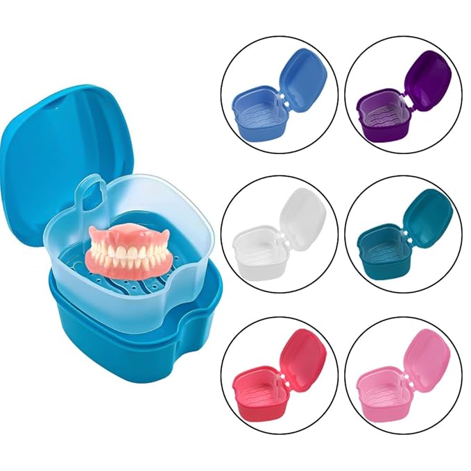 2pcs Denture Bath Retainer Case, Dentaure Cups for Soaking Dentures with Strainer Basket Tray,Compact and Pportable Design, Suitable for Traveling (Purple+Pink)