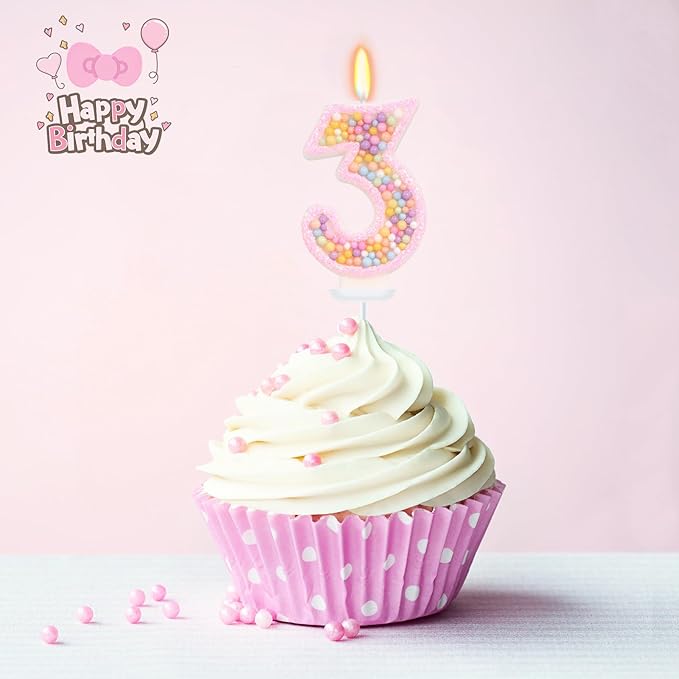 Birthday Candles for Girls - Number 3 Candle, Colorful Macaron Candles, 3 Cake Topper, 3rd Birthday Decorations for Girls, Pig Cartoon Theme Birthday Party Supplies (Pink)